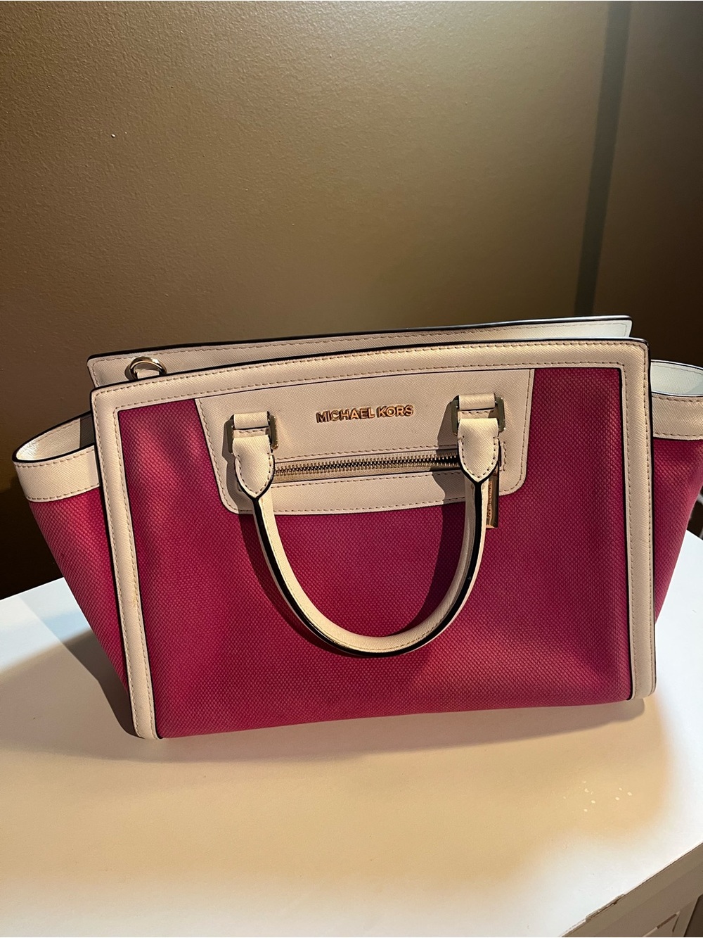 Michael Kors Pink Canvas White Leather Trim Satchel Bag